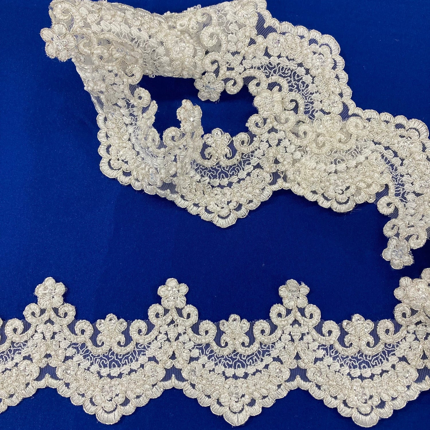 1 Yard Beaded & Corded Embroidered Lace Trim 3.5" Wide 100% Polyester Net Mesh for Wedding & Special Occasion