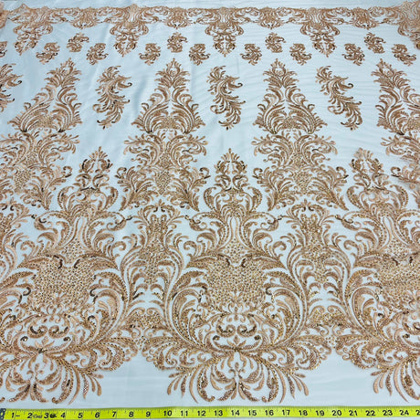 1 Yard Gold Beaded Lace Fabric Embroidered on 100% Polyester Net Mesh Couture 60 Inch Width