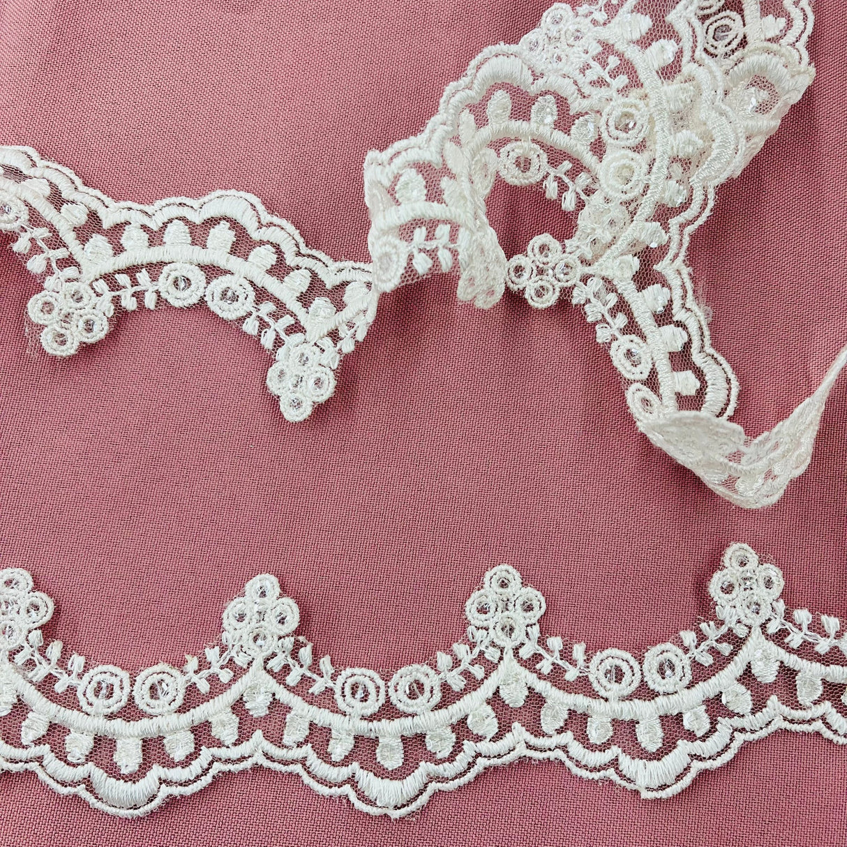 1 Yard Beaded Lace Trimming on Net Mesh | 2" Wide | Elegant Embroidered Trim for Bridal, Formalwear & Costumes