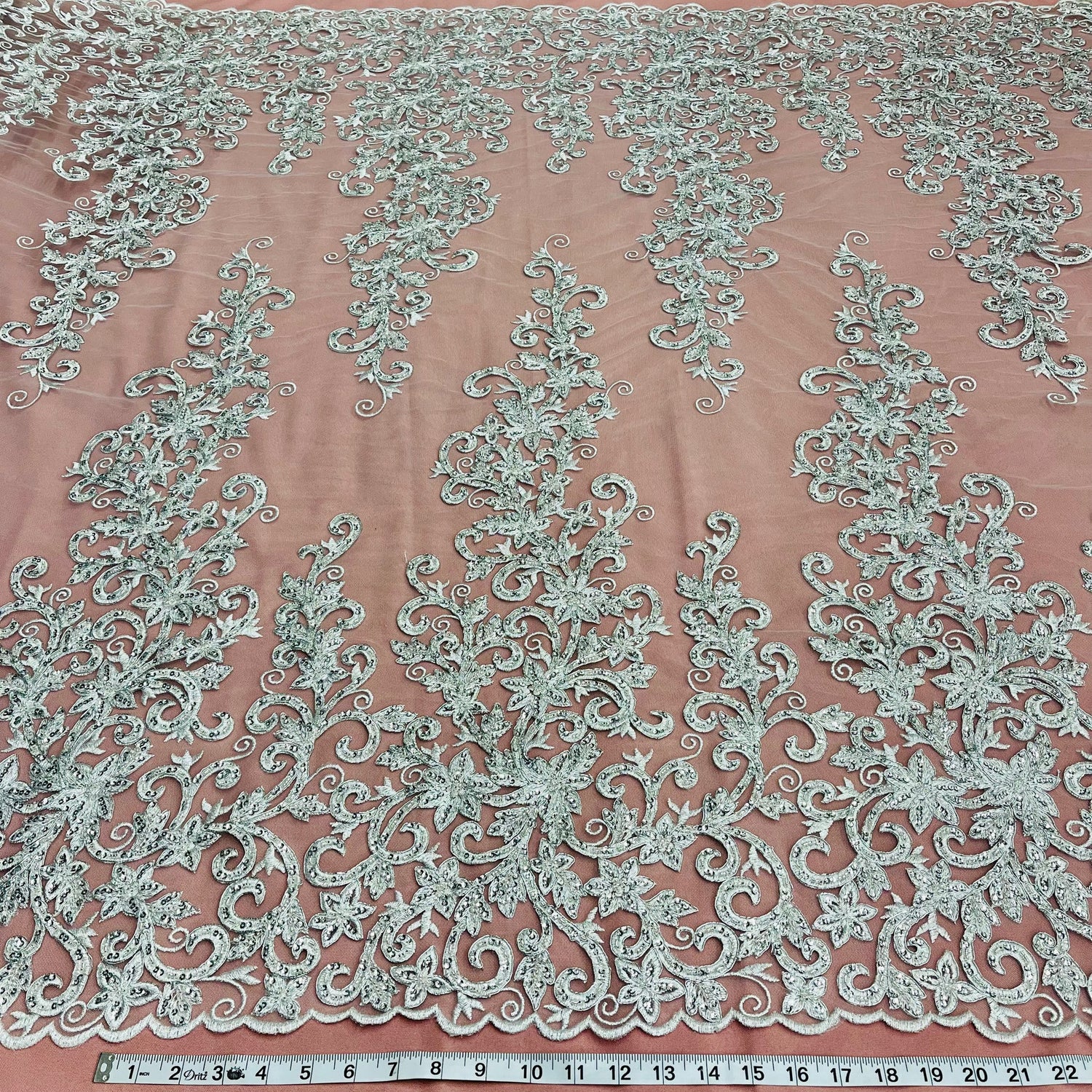1 Yard Beaded & Corded Bridal Lace Fabric Embroidered on 100% Polyester Net Mesh | Lace USA - 97219W-HB - Silver - 51"