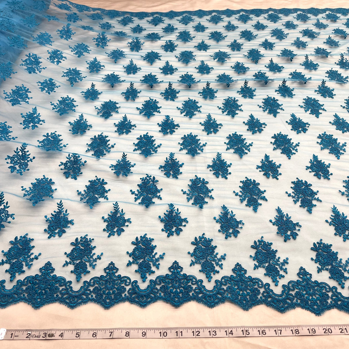 1 Yard Turquoise Corded Bridal Lace Fabric Embroidered Polyester Net Mesh 52 Inch Width