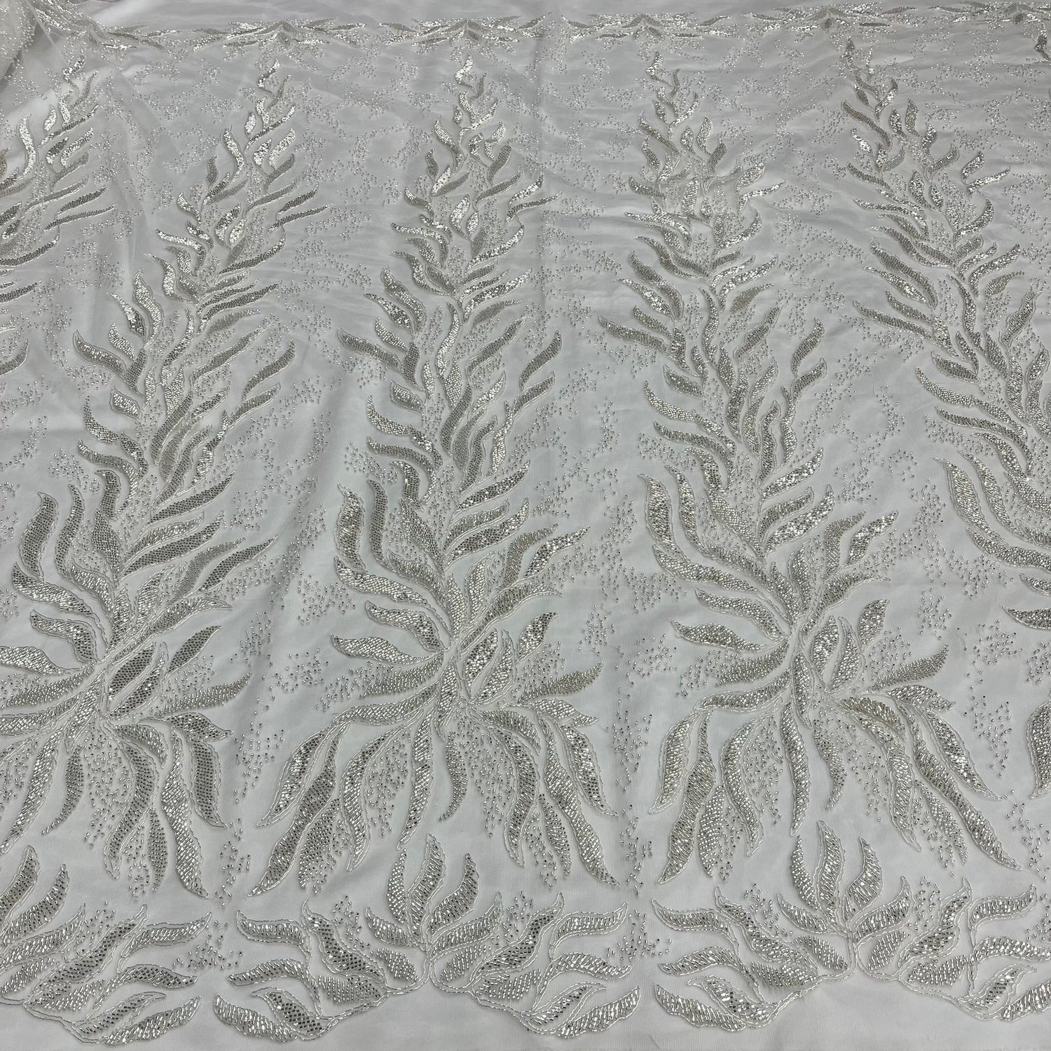 1 Yard Beaded and Corded Bridal Lace Fabric Embroidered on Polyester Net Mesh 58 inch Width