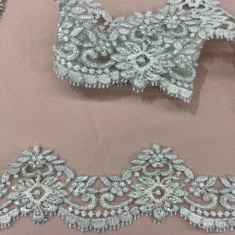 1 Yard Stunning Beaded Corded Lace Trimming Embroidered Polyester Net Mesh for Dresses 3 Inch Width