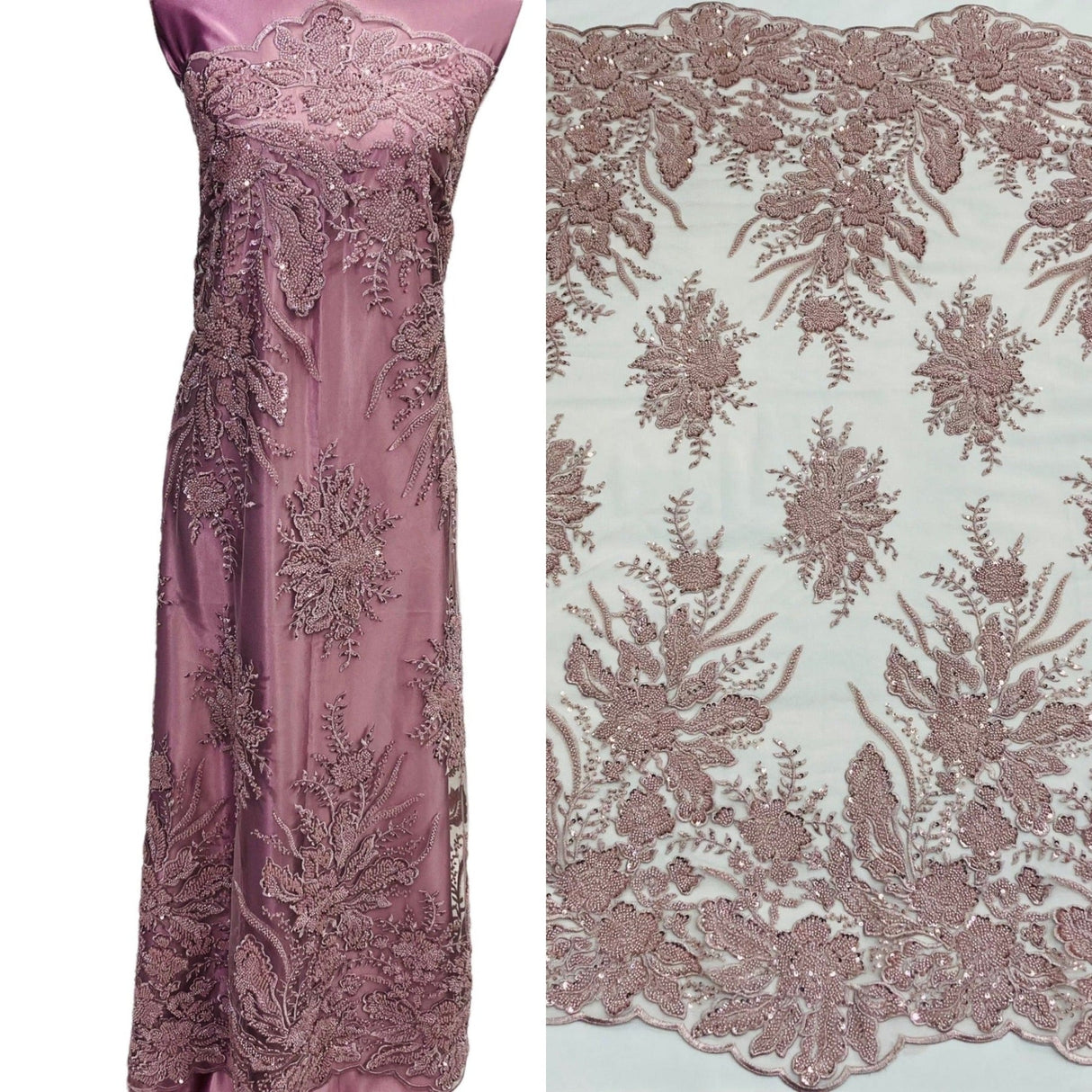 1 Yard Beaded Lace Fabric Embroidered on Polyester Net Mesh, Blush, 48" Width,