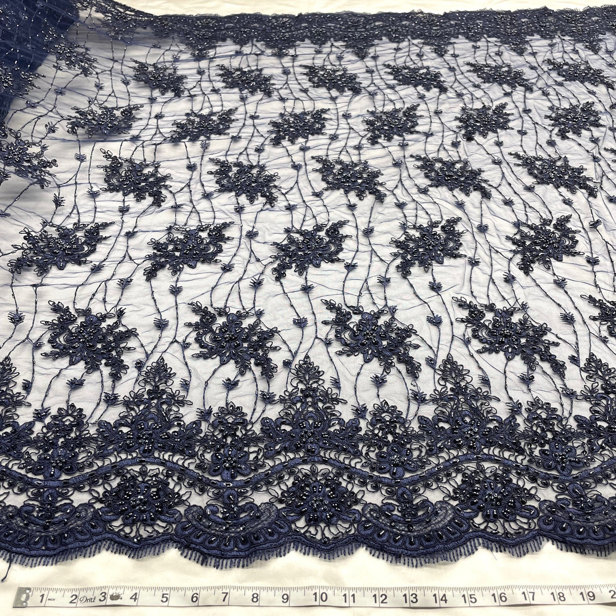 1 Yard Beaded Corded Bridal Lace Fabric Embroidered Polyester Mesh 51" Width