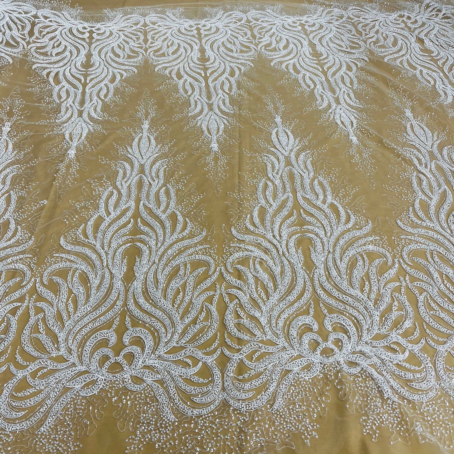 1 Yard Beaded, Corded & Sequined Bridal Lace Fabric Embroidered on 100% Polyester Net Mesh