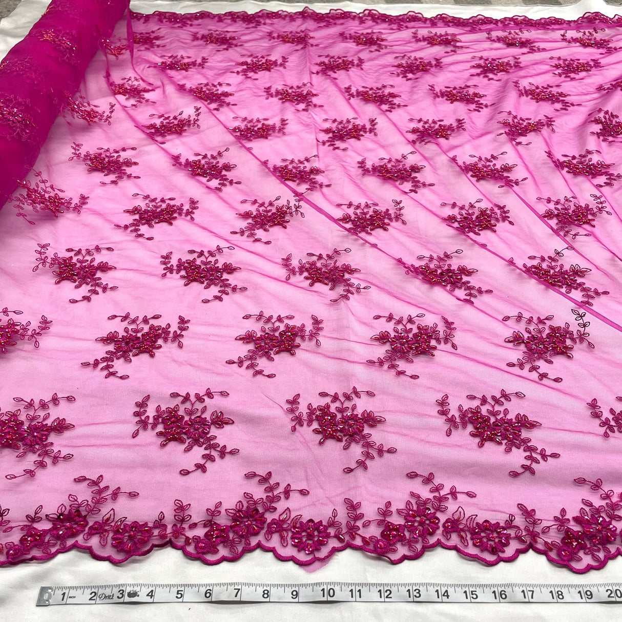 1 Yard Fuchsia Beaded Lace Fabric with Pearl Embroidery on Polyester Net Mesh 51" Wide
