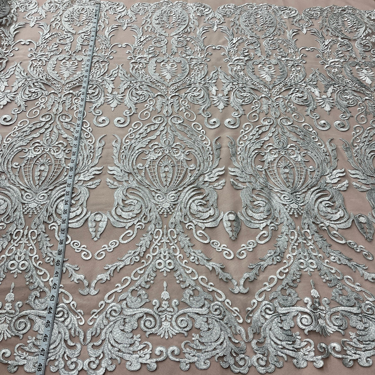 1 Yard Elegant Corded Bridal Lace Fabric Embroidered on Premium Polyester Mesh 48
