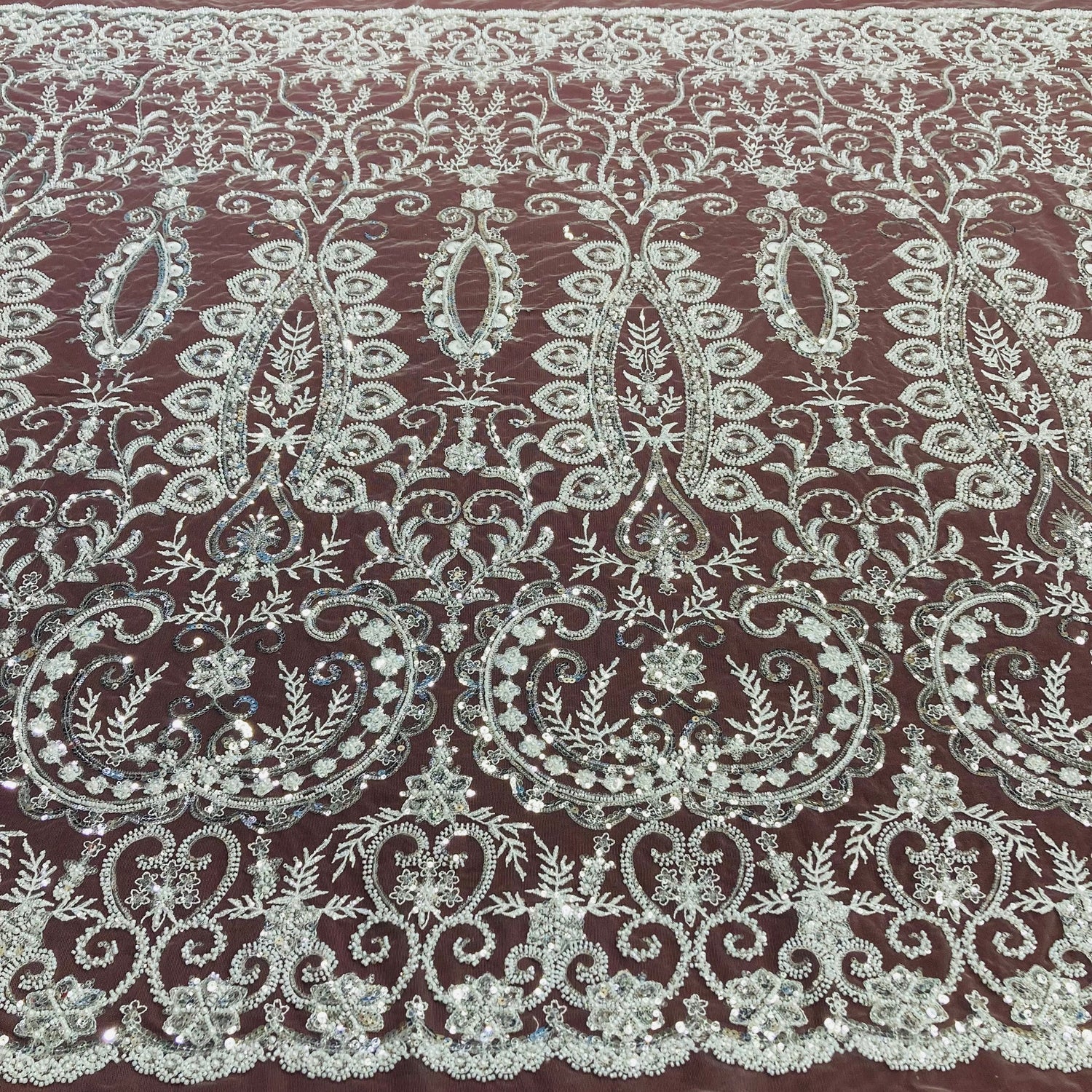 1 Yard Beaded Lace Fabric Embroidered on Polyester Net Mesh with Sequins and Pearls 52 inch Width