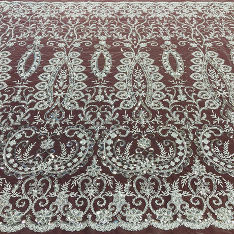 1 Yard Beaded Lace Fabric Embroidered on Polyester Net Mesh with Sequins and Pearls 52 inch Width