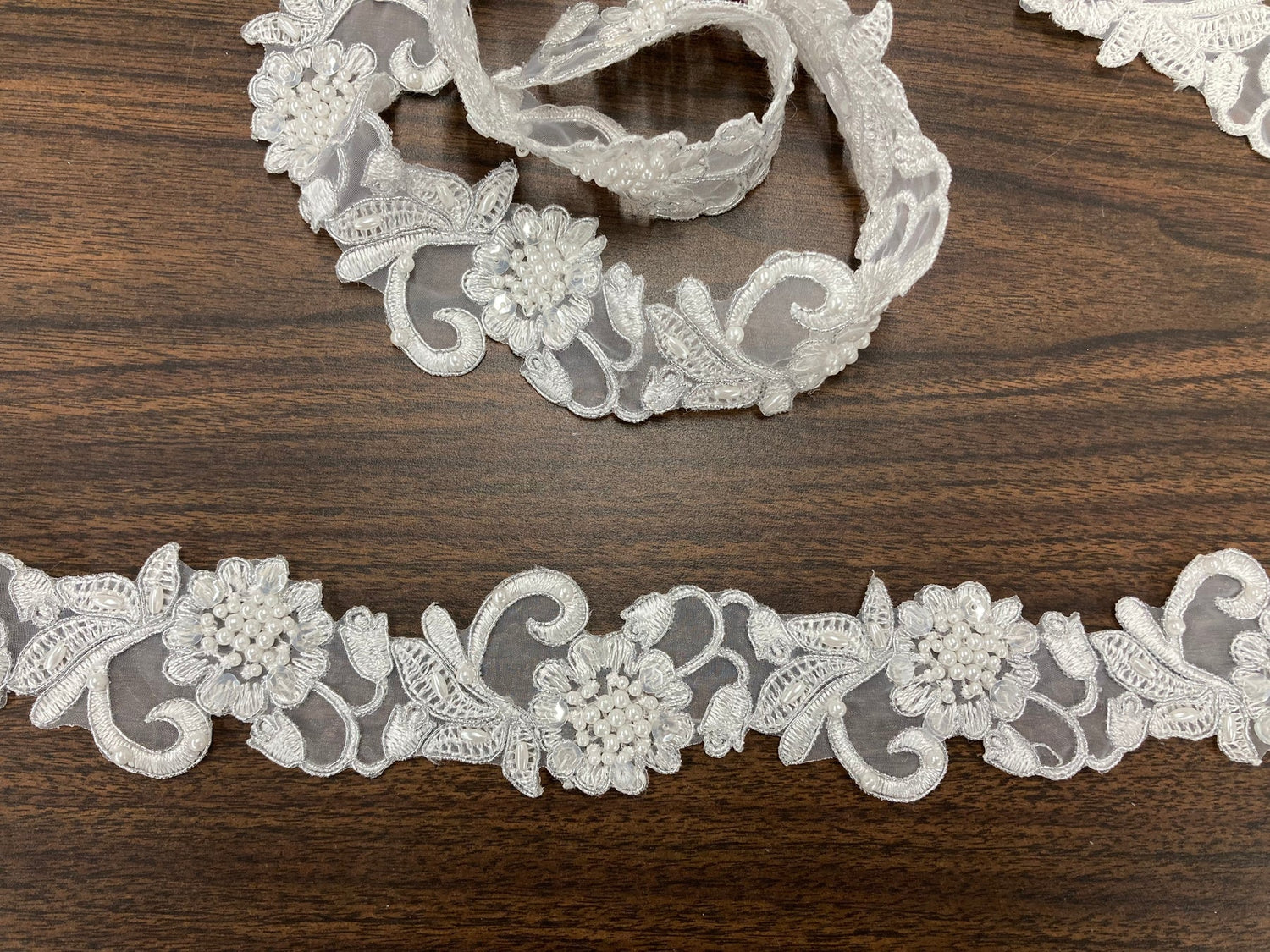 1 Yard Handmade Beaded & Corded Lace Trimming Embroidered on Polyester Organza 2 Inch Width