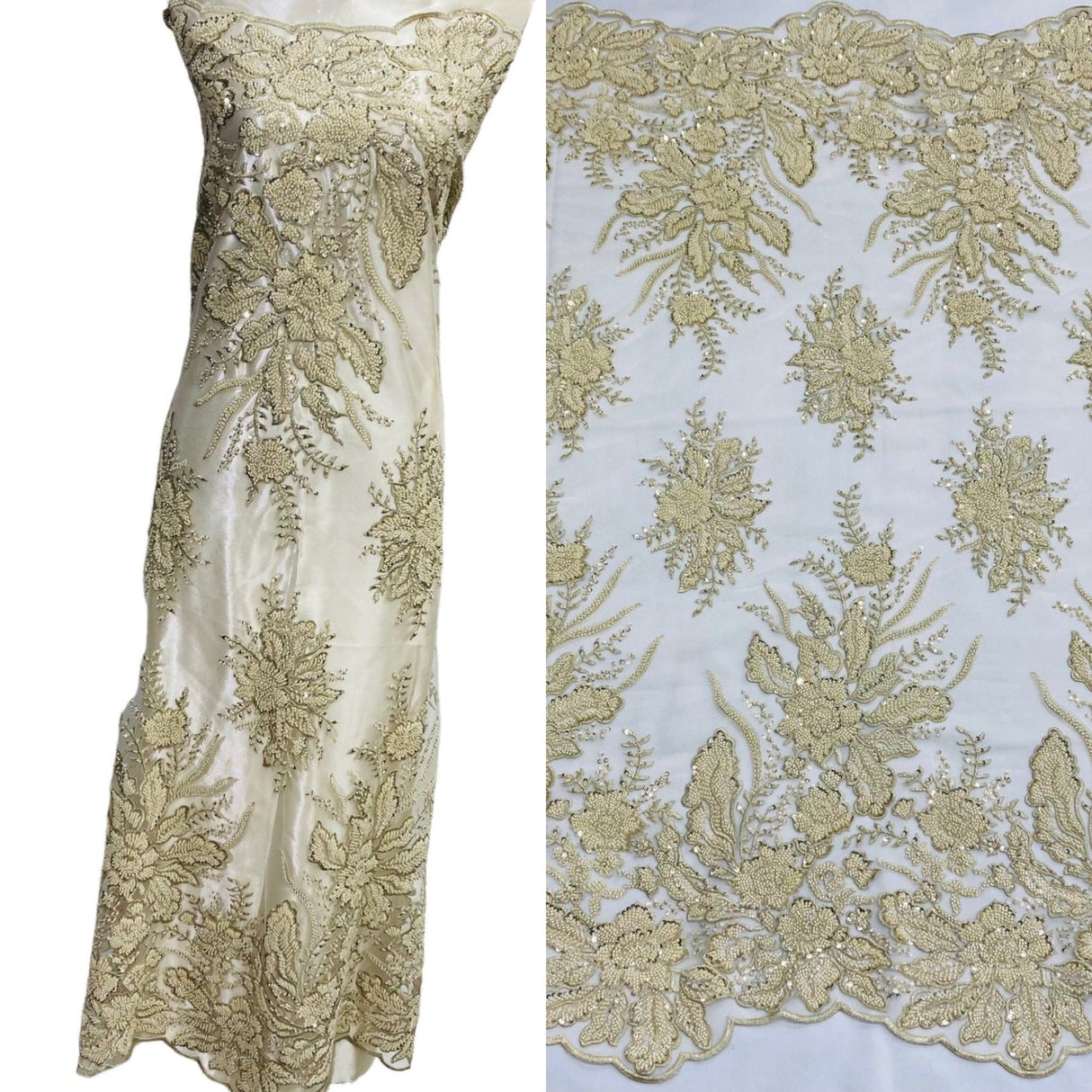 1 Yard Beaded Lace Fabric Embroidered on Polyester Net Mesh, Blush, 48" Width,