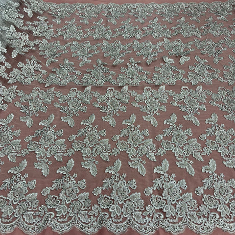 1 Yard Beaded Corded Bridal Lace Fabric Embroidered on Premium Polyester Mesh 51