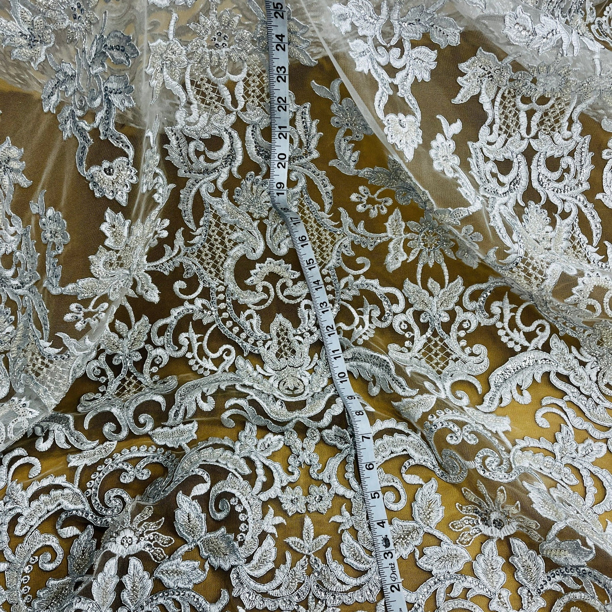 1 Yard Beaded Corded Bridal Lace Fabric on Polyester Net Mesh, 53" Wide, Elegant Embroidered Design