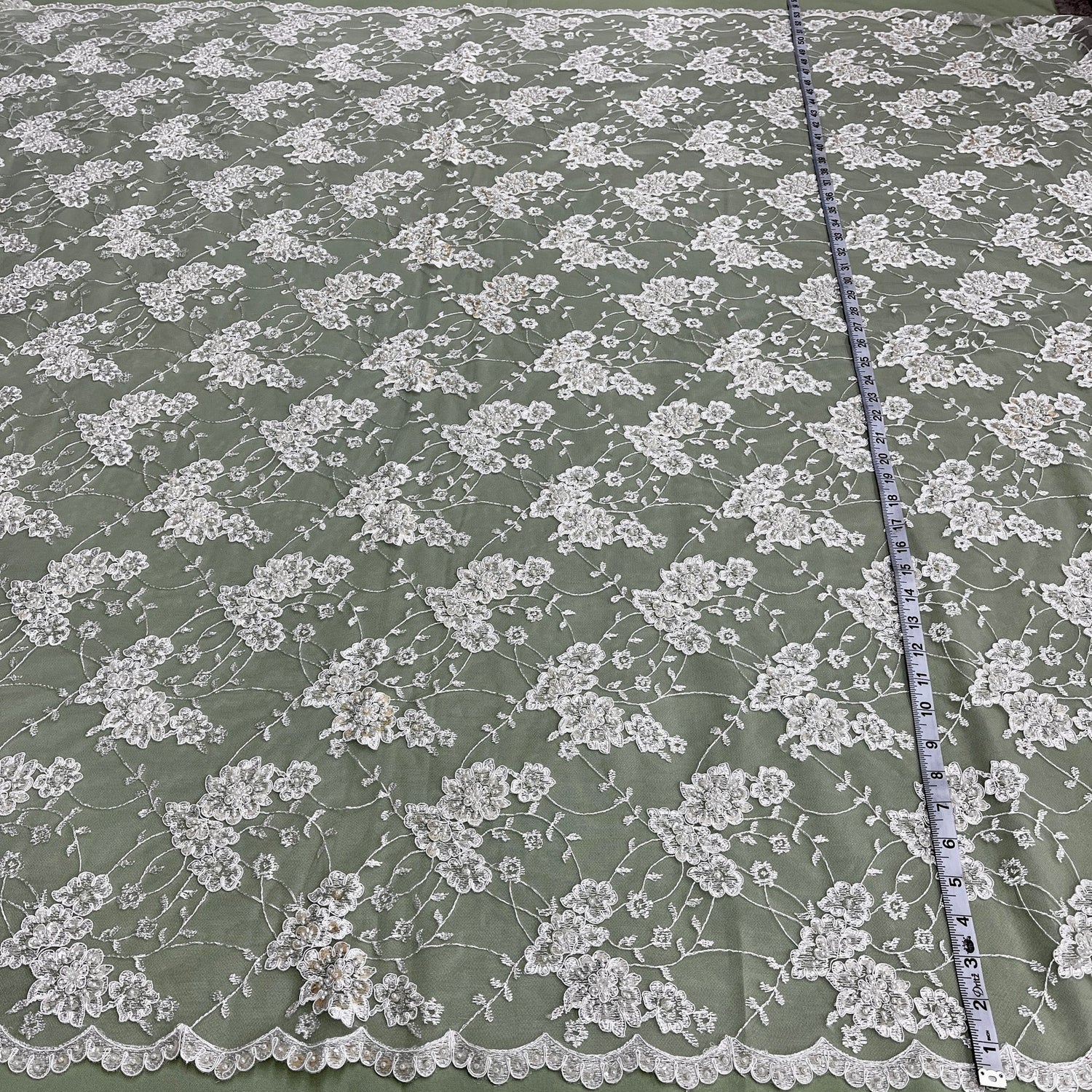 1 Yard Beaded and Corded Lace Fabric Embroidered on Polyester Net Mesh