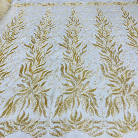 1 Yard Gold Beaded and Corded Bridal Lace Fabric Embroidered on 100 Percent Polyester Net Mesh 58 Inch Width