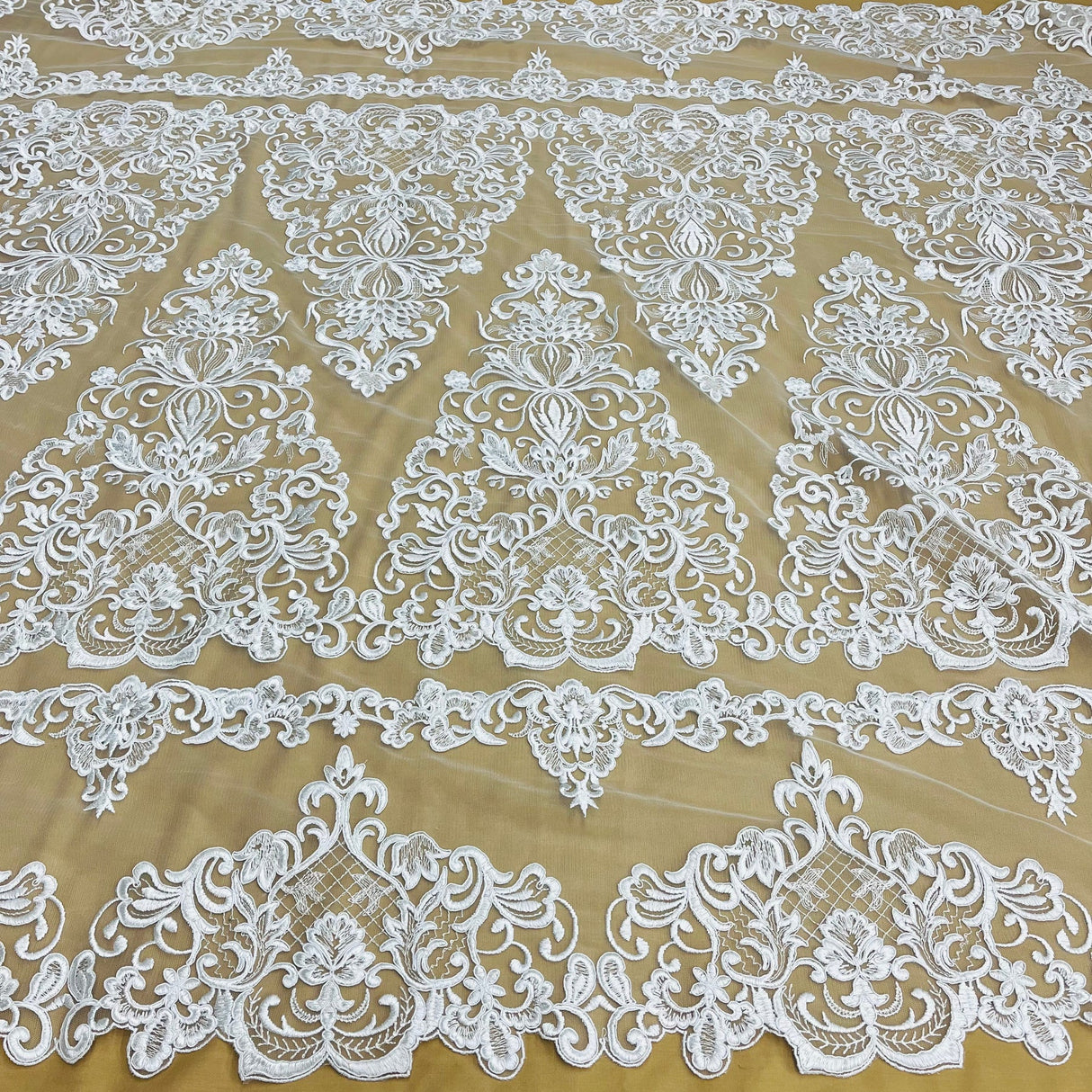1 Yard Luxurious Gold Corded Bridal Lace Fabric Embroidered on Net Mesh 53 inch Width