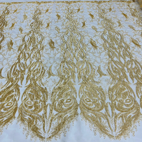 1 Yard Gold Beaded and Corded Bridal Lace Fabric Embroidered on 100 Percent Polyester Net Mesh 58 Inch Width