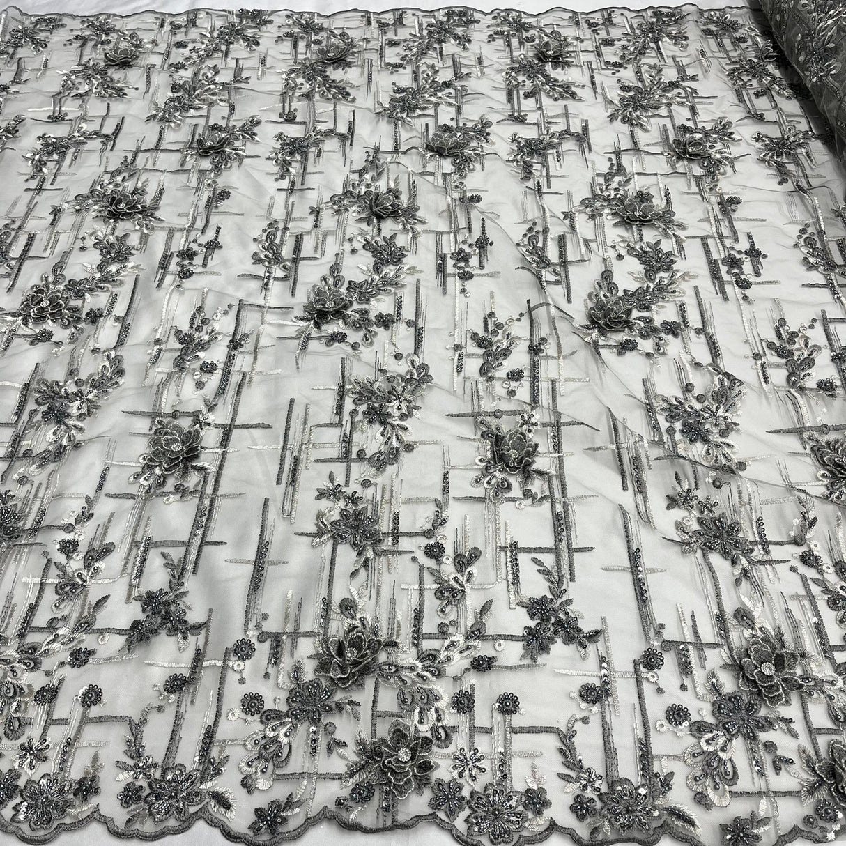 1 Yard Beaded Rhinestone 3D Floral Lace Fabric for Wedding Gowns and Dance Costumes 50" Width