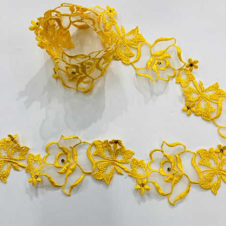 1 Yard Beaded Lace Trimming Embroidered on Organza | 2" Wide | Decorative Trim for Gowns & Costumes