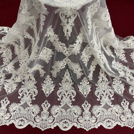 1 Yard Regal Beaded & Corded Lace Fabric Embroidered on Polyester Net Mesh Elegant Bridal & Couture Design 52" Wide