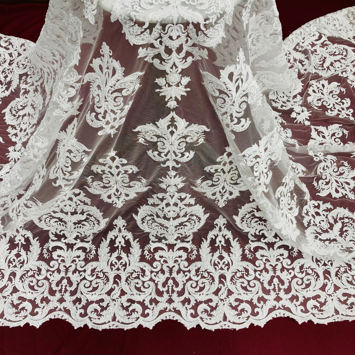 1 Yard Beaded and Corded Lace Fabric Embroidered on Polyester Net Mesh 51 inch Width