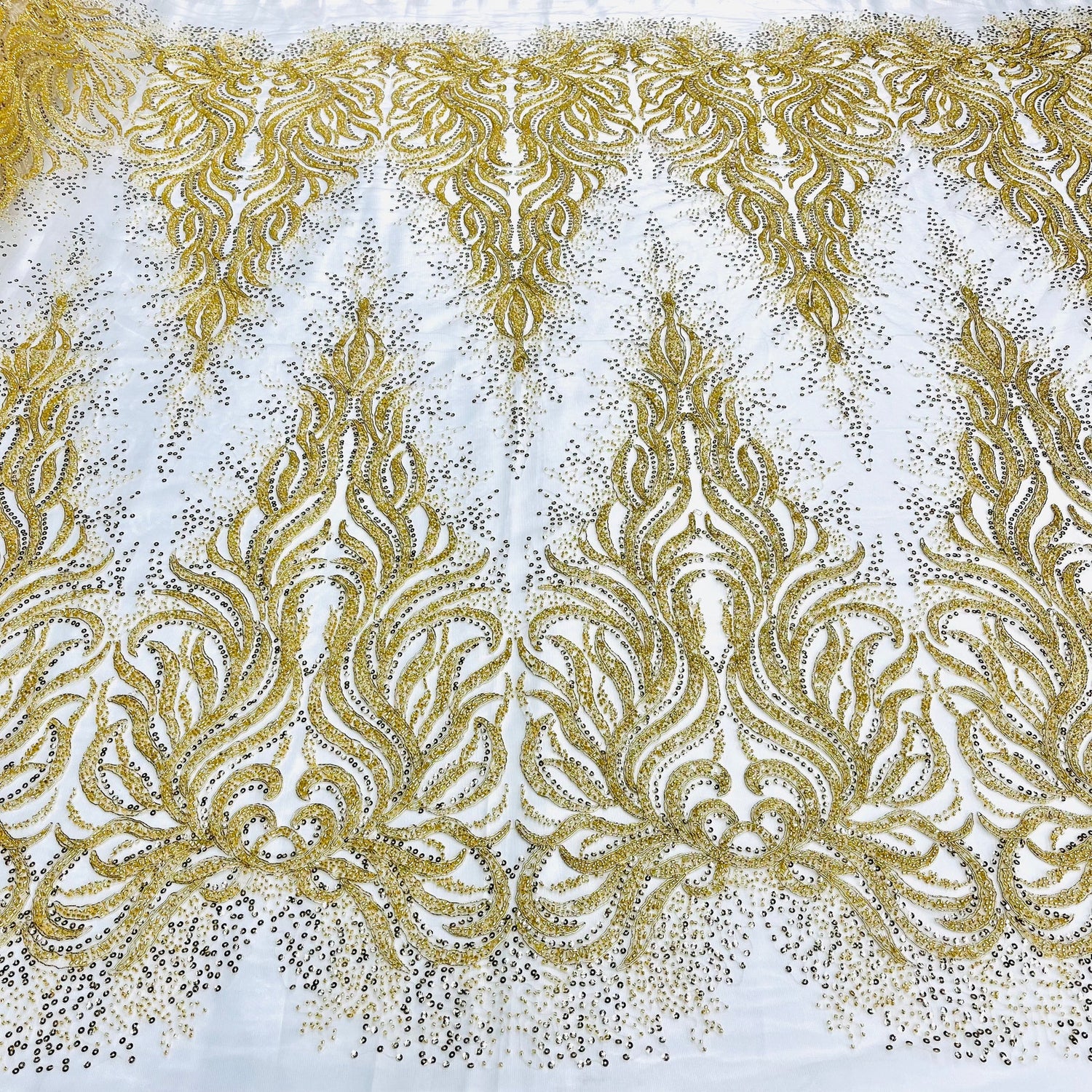 1 Yard Gold Beaded Corded Sequined Bridal Lace Fabric Embroidered on Polyester Net Mesh 54 Inch Width