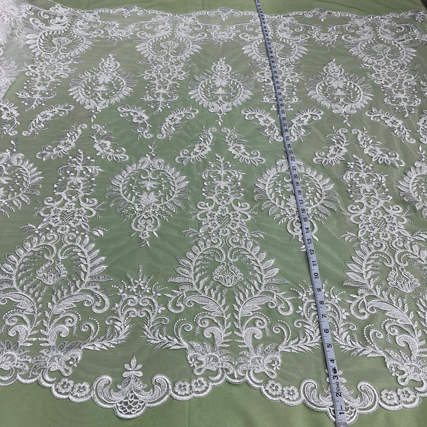 1 Yard Stunning Beaded Corded Bridal Lace Fabric Embroidered on Premium Mesh 52
