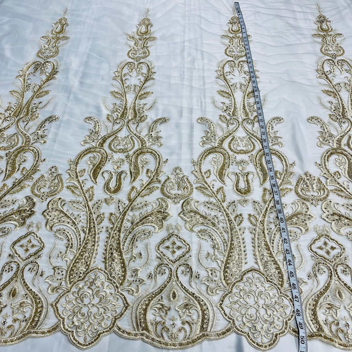 1 Yard Gold Beaded Lace Fabric Embroidered on Polyester Mesh, 50" Wide Decorative Fabrication