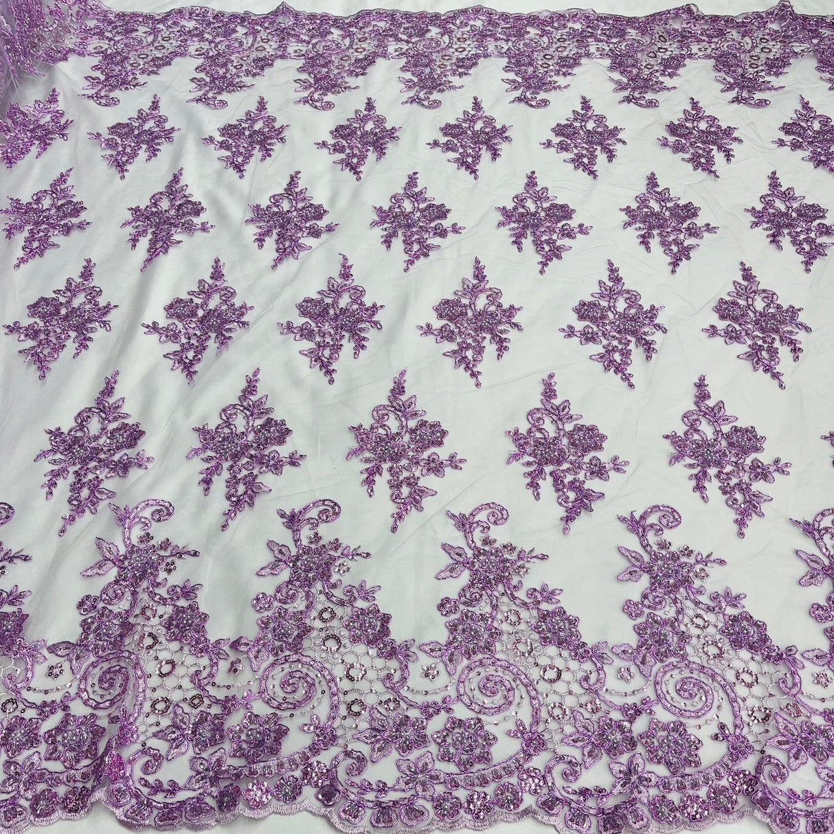 1 Yard Royal Blue Corded Lace Fabric with Hand-Embroidered Beading on Mesh 53 inch Width