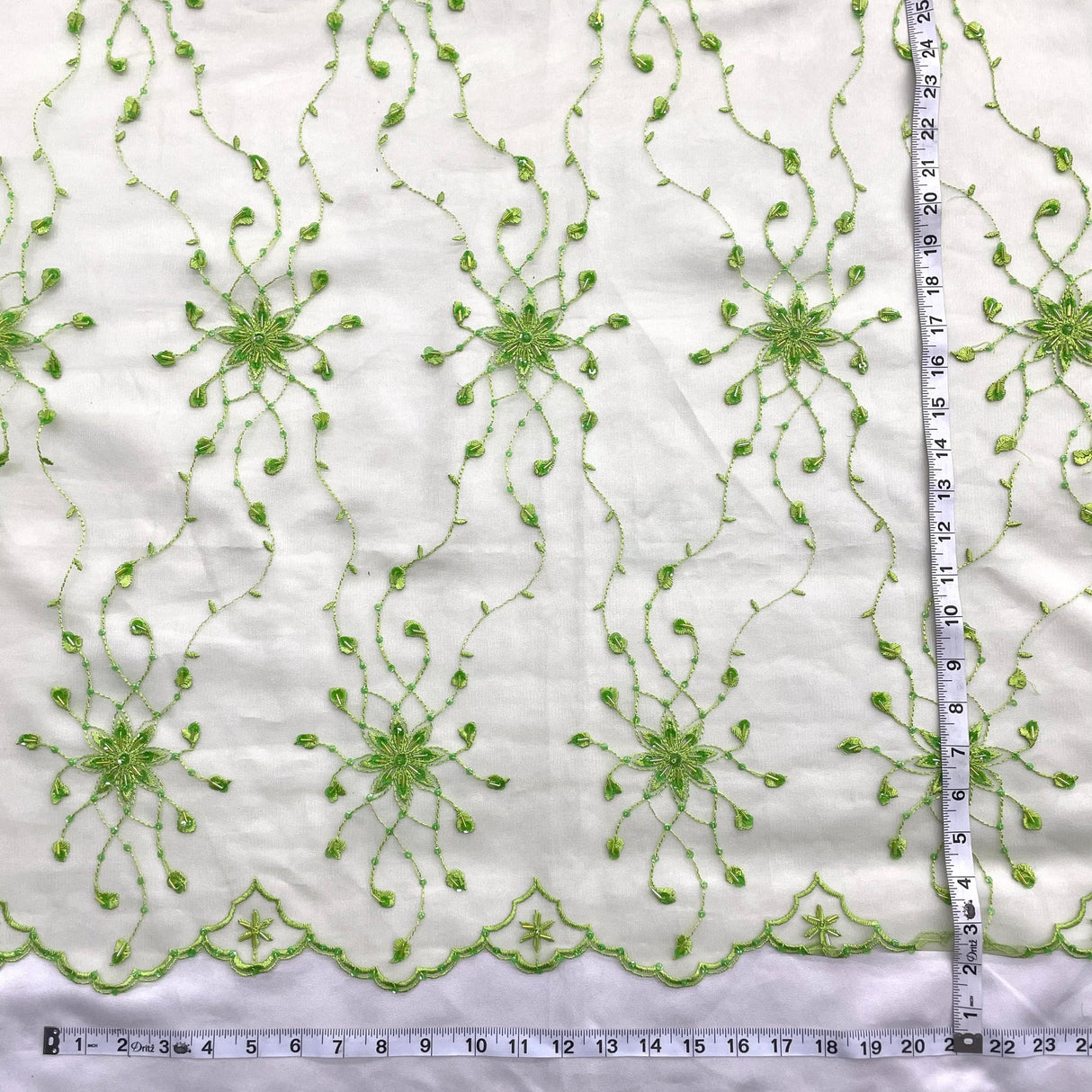 1 Yard Mustard Green Beaded Lace Fabric Embroidered Polyester Net Mesh 50 Inch Width