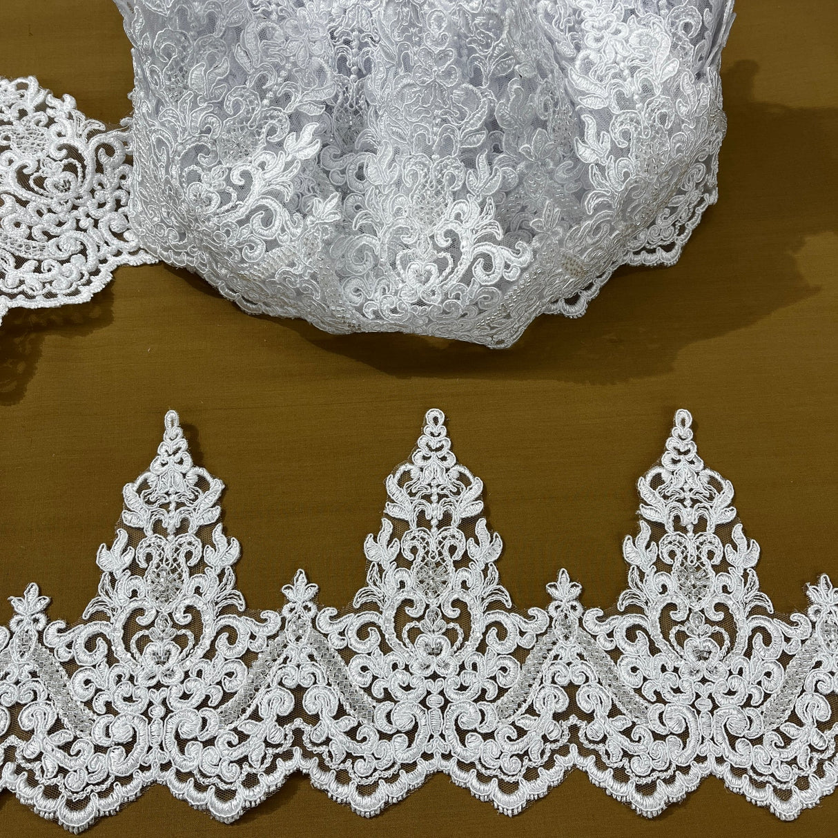 1 Yard  Embroidered on 100% Polyester Organza 6″ Wide Beaded & Corded Lace Trimming