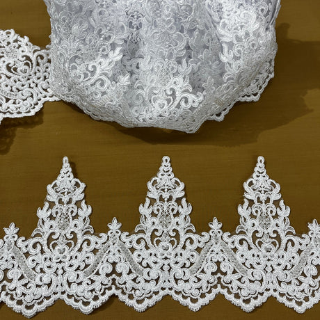 1 Yard  Embroidered on 100% Polyester Organza 6″ Wide Beaded & Corded Lace Trimming