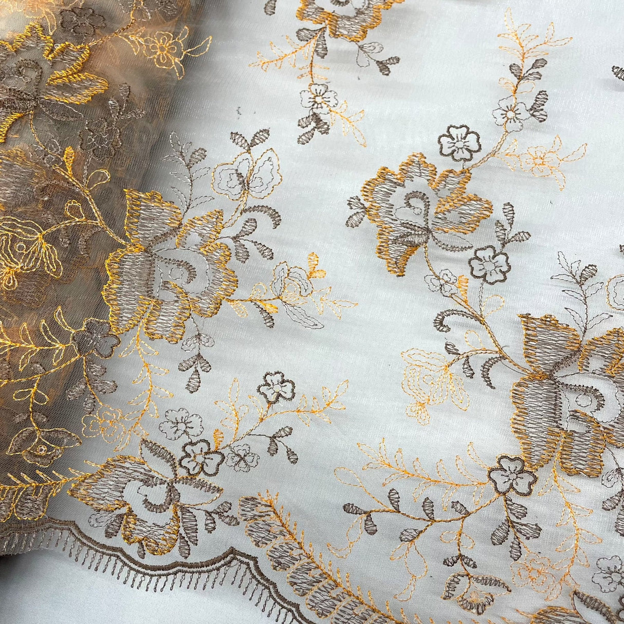1 Yard Orange Beige Embroidered Lace Fabric on Polyester Net Mesh Elegant 51 Inch Width