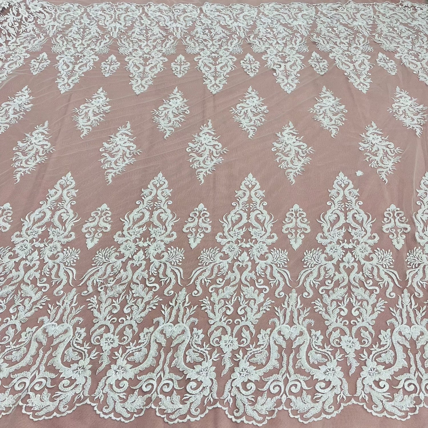 1 Yard Beaded and Sequined Lace Fabric Embroidered on Polyester Net Mesh 52 inch Width
