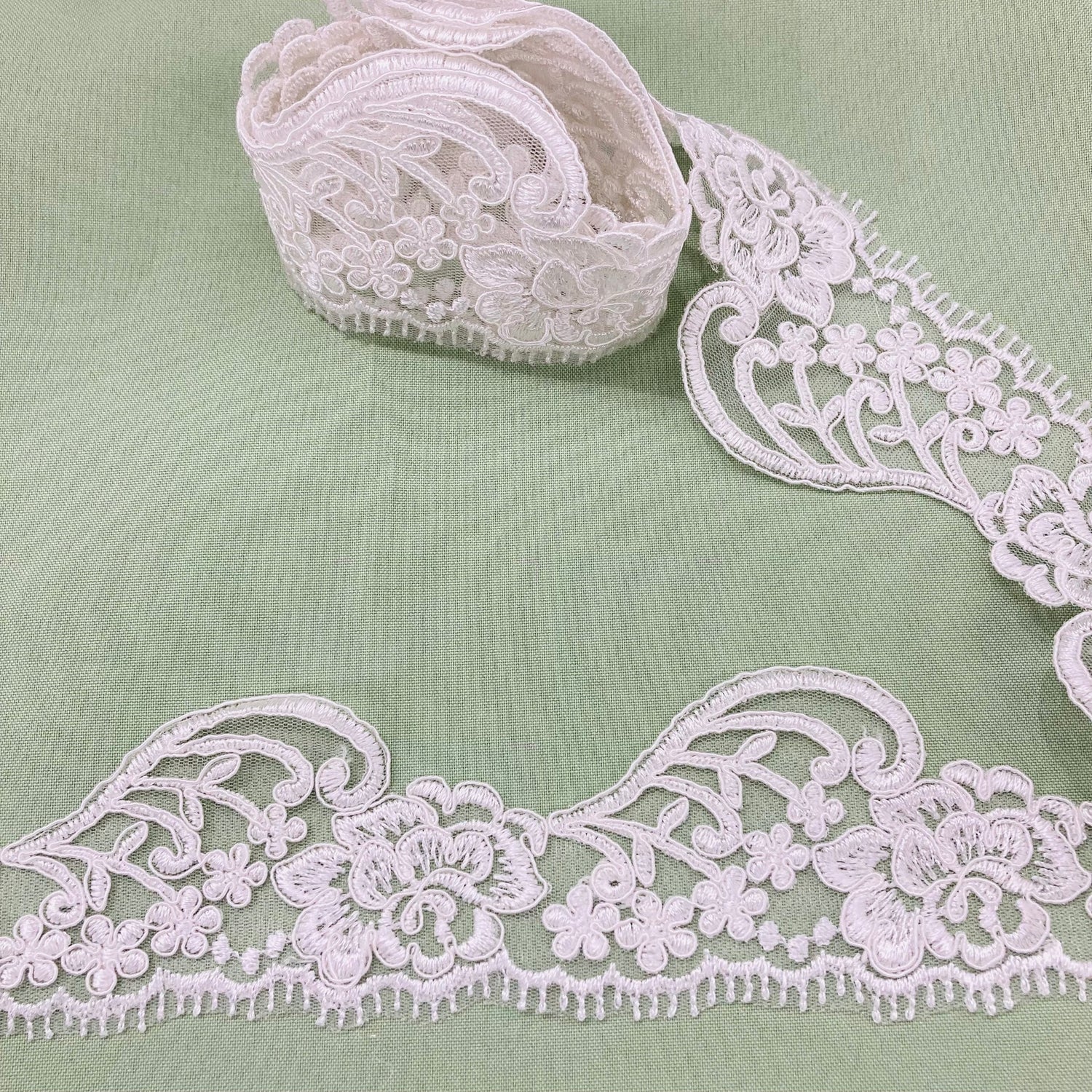 1 Yard Corded Lace Trimming on Net Mesh – 3" Wide | Embroidered Decorative Lace for Dresses & Costumes