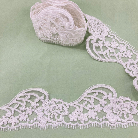 1 Yard Corded Lace Trimming on Net Mesh – 3" Wide | Embroidered Decorative Lace for Dresses & Costumes