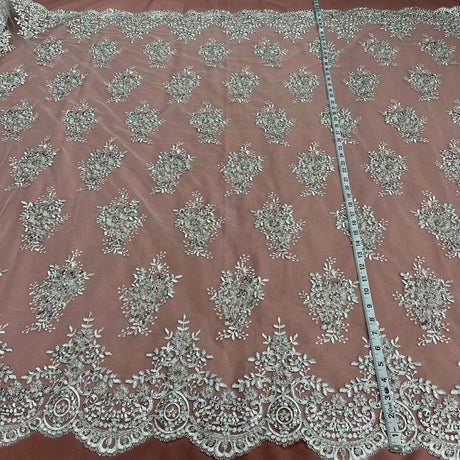 1 Yard Beaded Corded Lace Fabric Embroidered on Premium Polyester Mesh 56