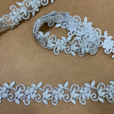 1 Yard Luxurious Beaded Corded Lace Trimming Embroidered Polyester Organza for Dresses 1.5 Inch Width