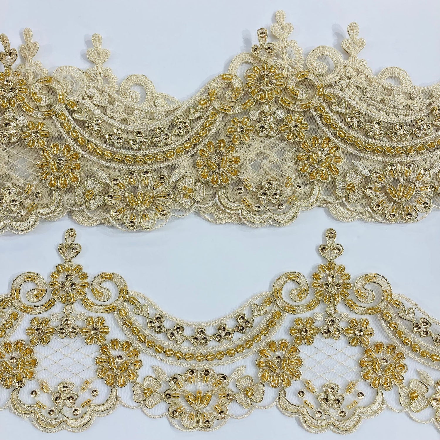 1 Yard  5″ Wide Beaded & Corded Lace Trimming Embroidered on 100% Polyester Net Mesh