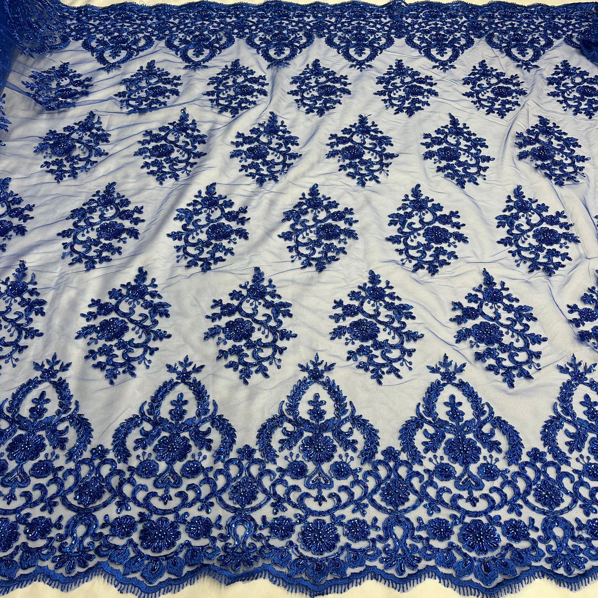1 Yard Exquisite Royal Blue Corded Beaded Bridal Lace Fabric 53 inch Width