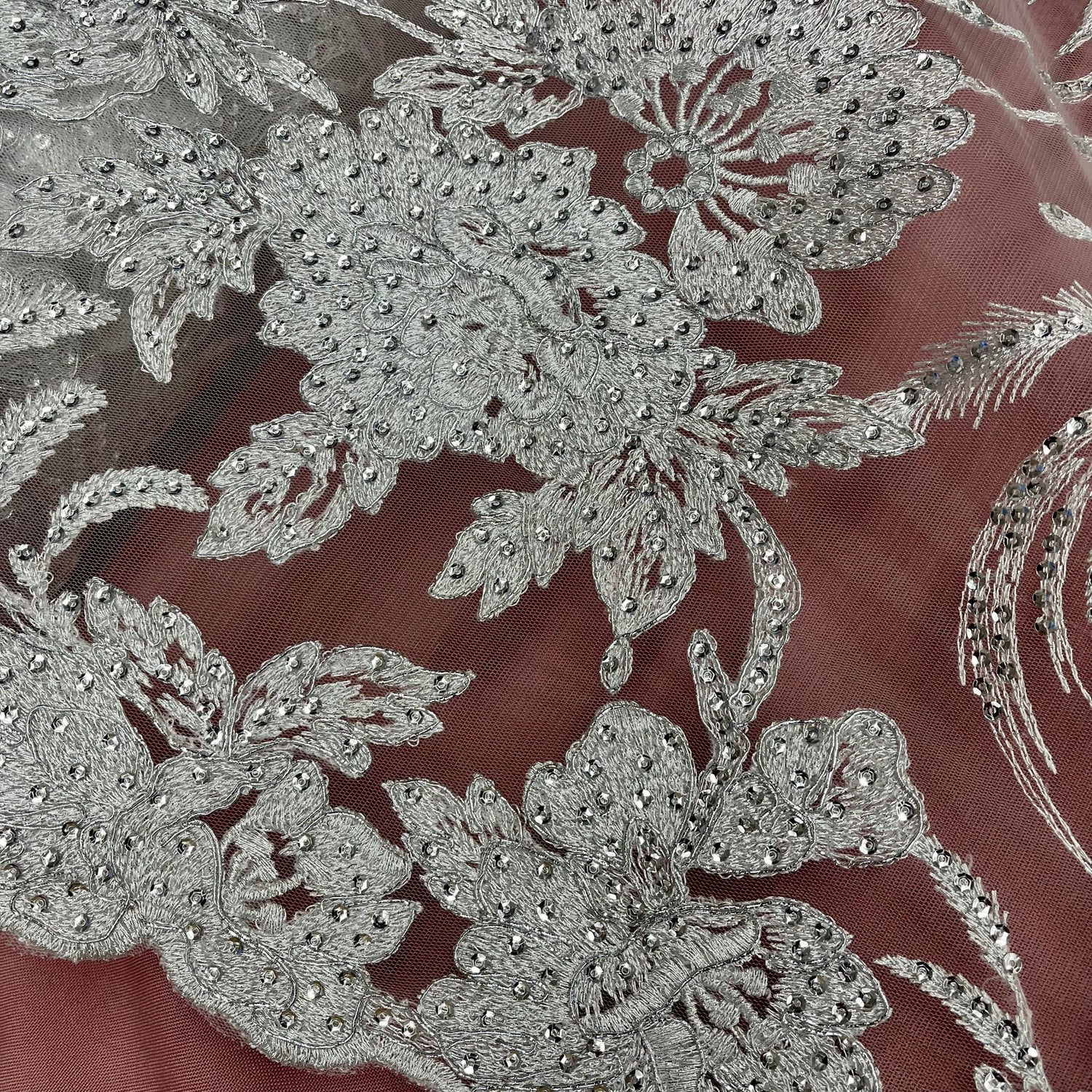 1 Yard Corded and Sequined Bridal Lace Fabric for Elegant Gowns White