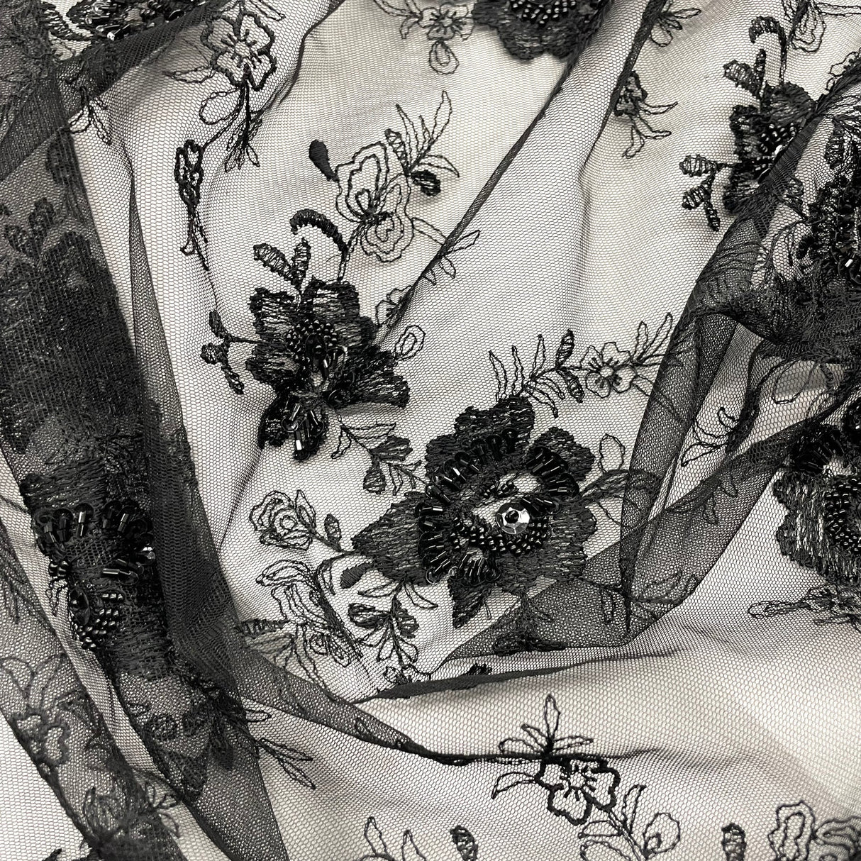 1 Yard Beaded Lace Fabric Black Polyester Net Mesh, with Beads and Sequins, 53 Inches Wide