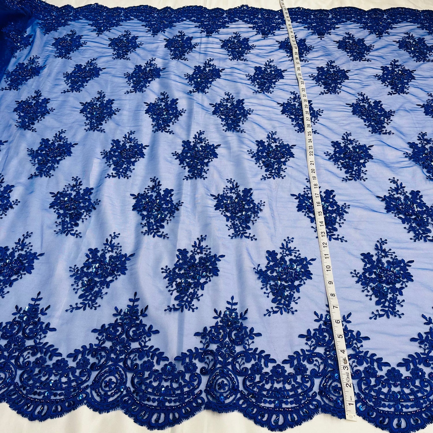 1 Yard Glamorous Beaded Corded Lace Fabric Embroidered on Premium Polyester Mesh 56