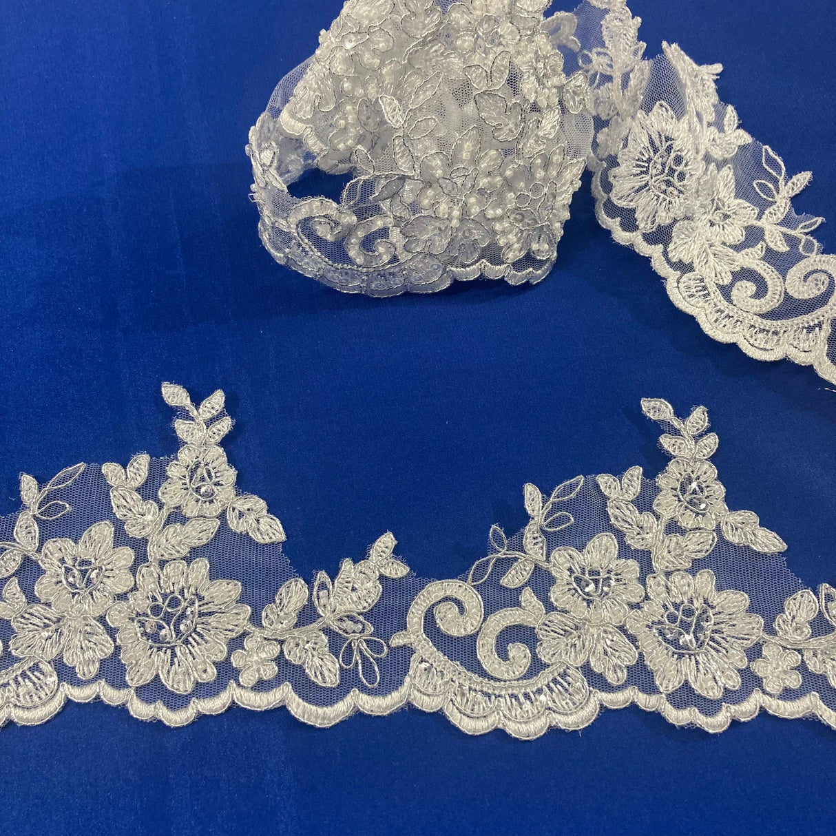 1 Yard  4″ Wide Beaded & Corded Lace Trimming Embroidered on 100% Polyester Net Mesh