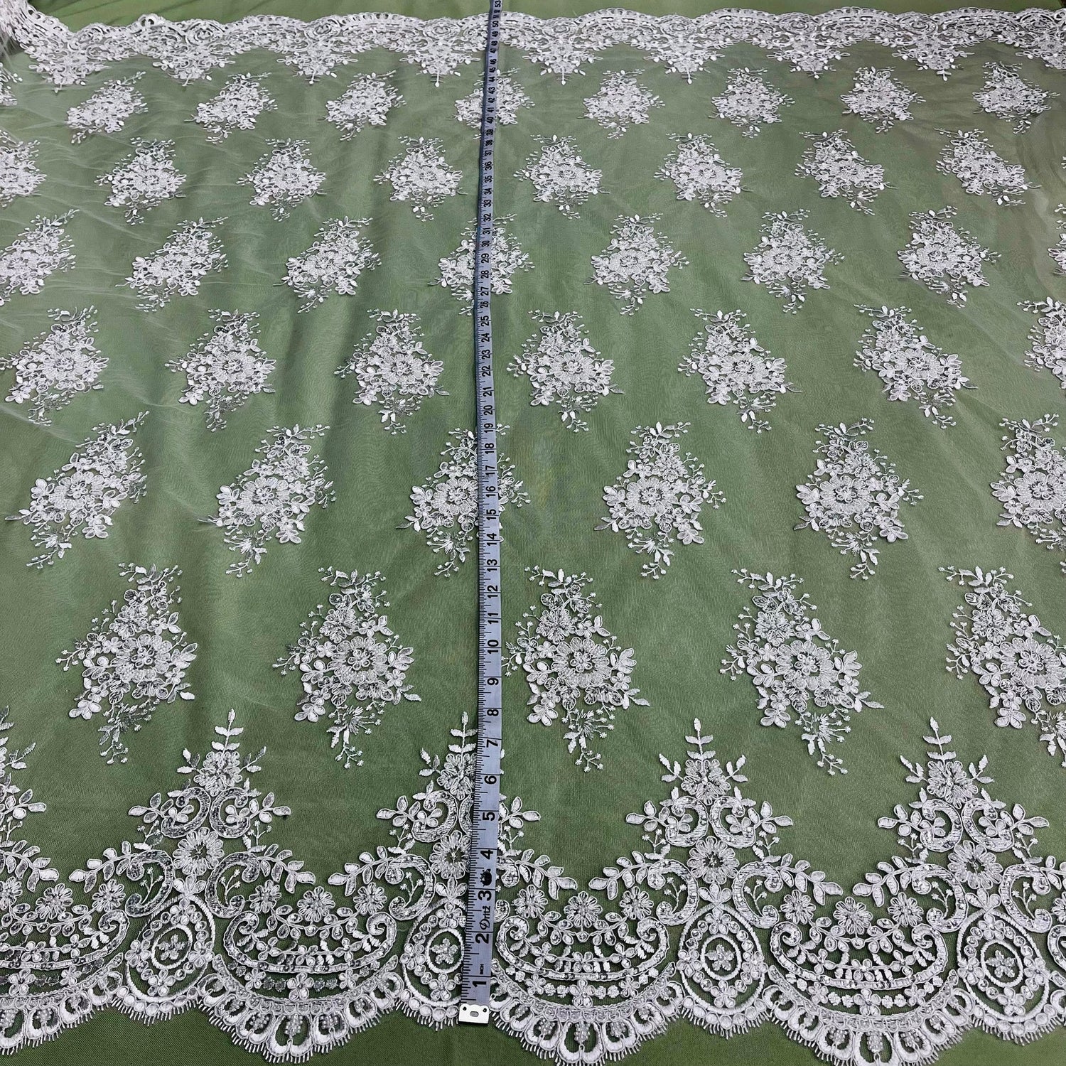 1 Yard Beaded Corded Lace Fabric Embroidered on Premium Polyester Mesh 56