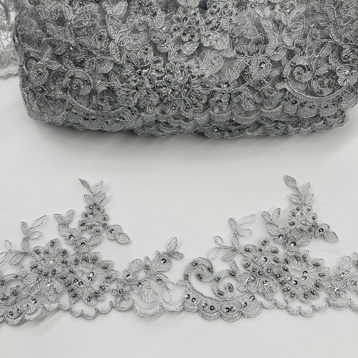 1 Yard  4″ Wide Beaded & Corded Lace Trimming Embroidered on 100% Polyester Net Mesh