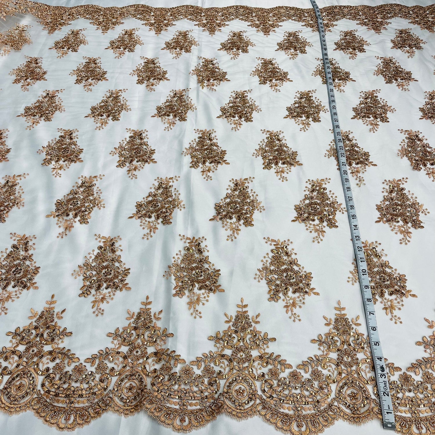 1 Yard Beaded Corded Lace Fabric Embroidered on Premium Polyester Mesh 56