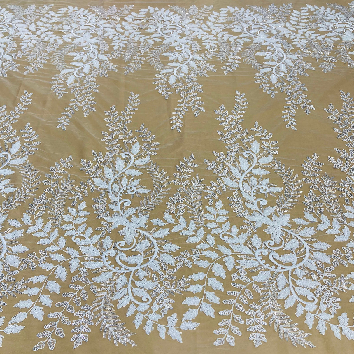 1 Yard Dazzling Silver Beaded Sequined Lace Fabric on Net Mesh 52 inch Width