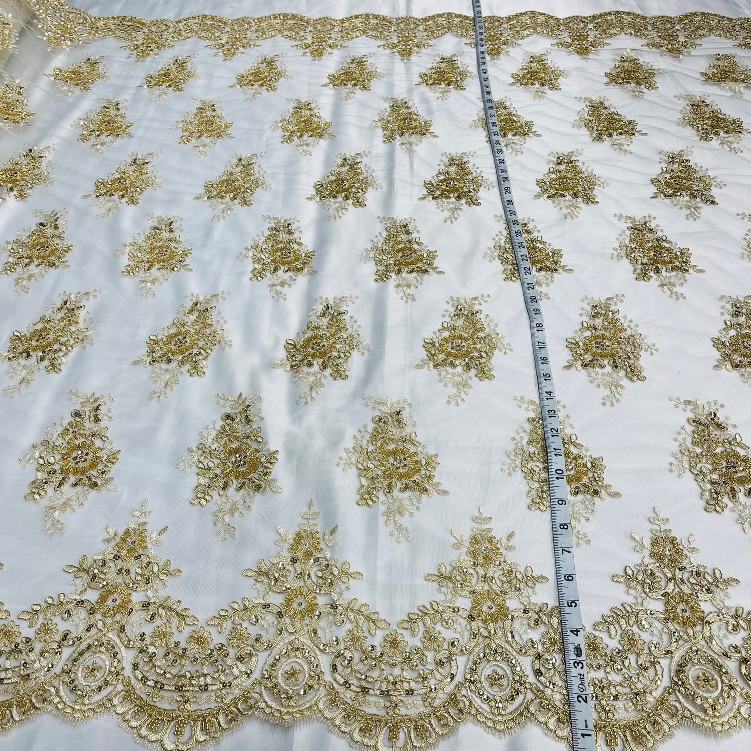 1 Yard Beaded Corded Lace Fabric Embroidered on Premium Polyester Mesh 56